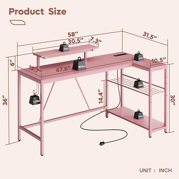 Bestier L Shaped Gaming Desk with Power Outlets,58 LED Small Corner Desk with Reversible Storage Shelves,Pink Computer Desk with Headset Hooks Desk for Living Room and Dormitory
