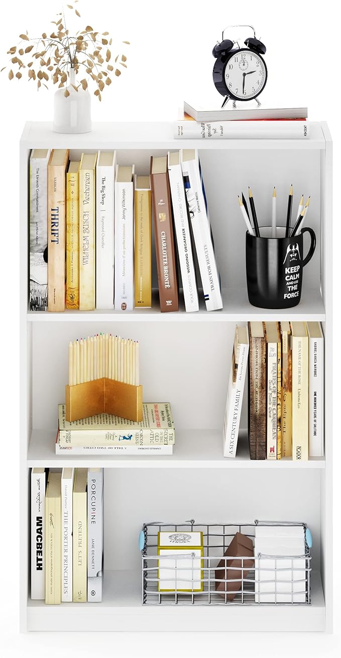 Furinno Jaya Book Shelf, 3-Tier Bookshelf, Bookcase with Adjustable Shelves, 9.5 x 24.5 x 40.3, for Organization and Storage, for Living Room, Bedroom, Home Office, White