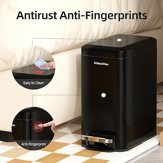 Slim Bathroom Trash Can with Lid, 6 Liter/1.6 Gallon Stainless Steel Small Garbage Can with Removable Inner Bucket, Step Pedal, Slim Wastebasket for Toilet, Office, Bedroom, Black