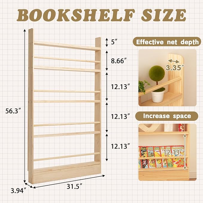 Baveke Kids Bookshelf, 5 Tier Shelves Behind The Door Book Shelf Storage, Children's Solid Wood Bookcase Space- Saving, Wall Mount Bookshelf for Bedroom, Living Room, Office（FSC-Certified Wood）
