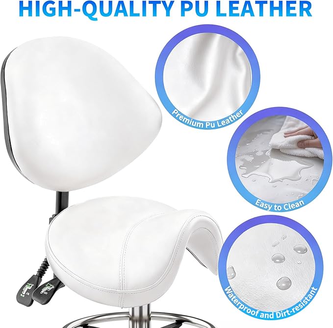 Saddle Chair with Back Support - Tilted Backrest, Adjustable Foot Rest, 350 LBS Capacity Ergonomic, 360° Swivel Drafting Chair for Salon, Spa, Massage, Tattoo, Facial lash, Home, Dentist (White)