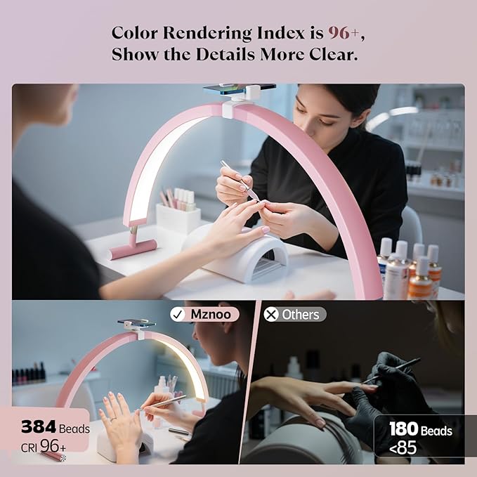 Mznoo Half Moon Light for Nail Desk, 30'' Large Half Moon Desk Lamp with Phone Holder, Professional Nail Tech Light with 3 Color Modes and 5 Brightness for Manicure Salon and Handicraft (Pink)