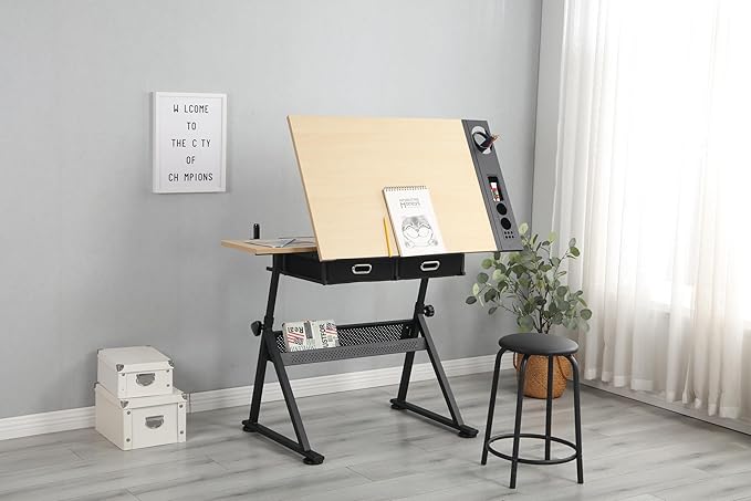 Height Adjustable Drafting Table, 0-75° Tilting Drawing Table Art Desk for Adults, Artist Desk with 2 Storage Drawers, Watercolor Paintings Sketching Workstation with Stool for Home Office