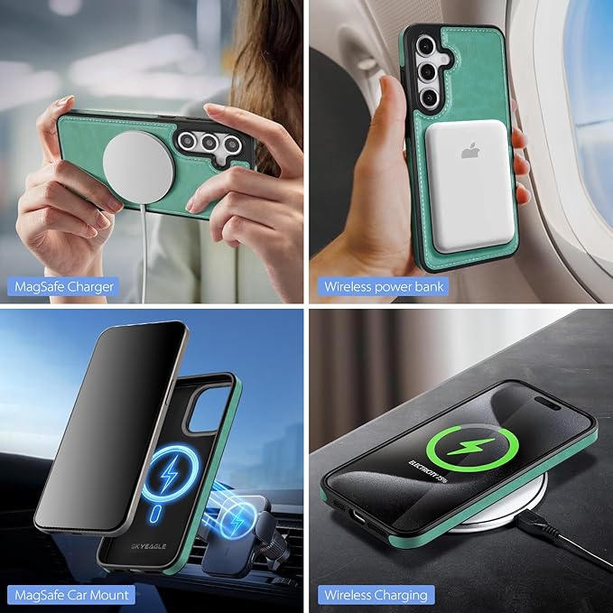 SkyEagle Compatible with Magsafe 2 in 1 Detachable Galaxy S25 Wallet Case with Card Holder,Women Men Magnetic PU Leather RFID Blocking Flip Kickstand Credit Slots for Galaxy S25 6.2",Blue Green