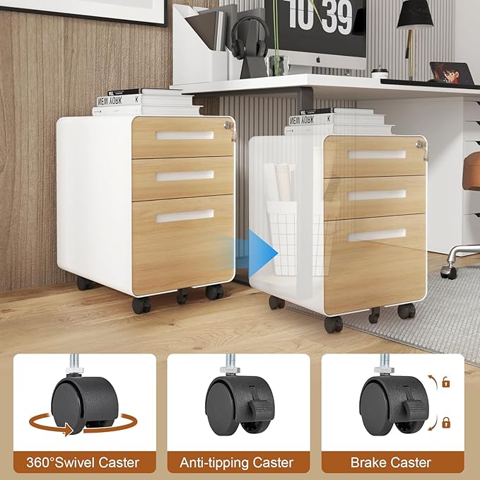 GarveeHome 3 Drawer Mobile File Cabinet with Lock, Under Desk Metal Filing Cabinet for Home Office, Under Desk Storage with 5 Wheels for A4/Letter/Legal Size, Fully Assembled