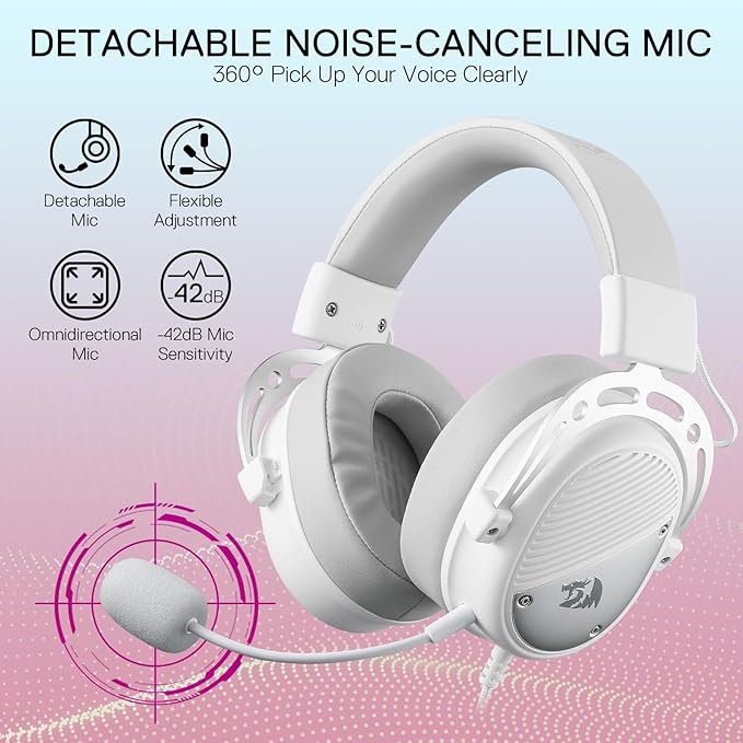 Redragon H730 USB Wired Gaming Headset - 53mm Drivers, 360° Spatial Sound, Detachable Noise-Canceling Microphone, Magnetic Replaceable Ear Cushions, Over-Ear Headphones Works for PC/PS4/PS5, White