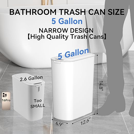 FRESHLIX Automatic Motion Sensor Bathroom Trash Can with Lid, 5 Gallon Touchless Trash Bin,Smart Electric Narrow Waterproof Garbage Bin for Toilet, Office, Bedroom, Living Room, Dorm (White