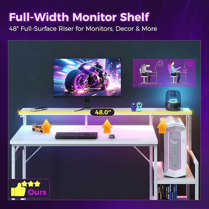 AODK Gaming Desk, 48 Inch Computer Desk with Led Lights, Office Desk with PC Tower Stand, Reversible Desk with Monitor Shelf & Headphone Hook, White