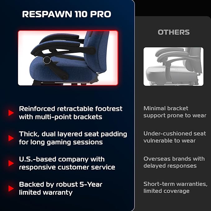 Respawn 110 Pro Ergonomic Gaming Chair with Footrest for Adults - Comfortable Office Gaming Recliner with Lumbar Support and Headrest, Racing Style Video Game Chairs for Computer Gamer - Blue Fabric