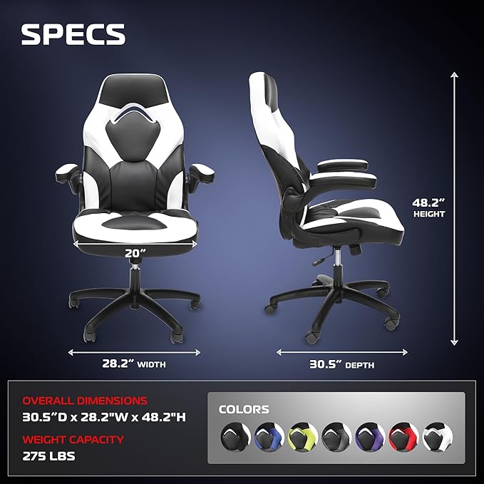 RESPAWN 3085 Ergonomic Gaming Chair for Adults, High Back Office Chair with Headrest and Flip Up Arms, Leather Racing Style Gaming Seat with Lumbar Support, Video Game Computer Desk Seat - White
