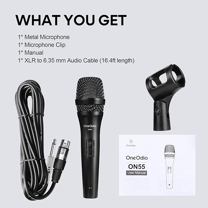 OneOdio ON55 Wired Microphone for Singing - Mic Clips, Metal Female, ON/Off Switch, 16.4ft XLR Cable - Condenser Dynamic Mic for Karaoke Machine, AMP, Speaker, Parties