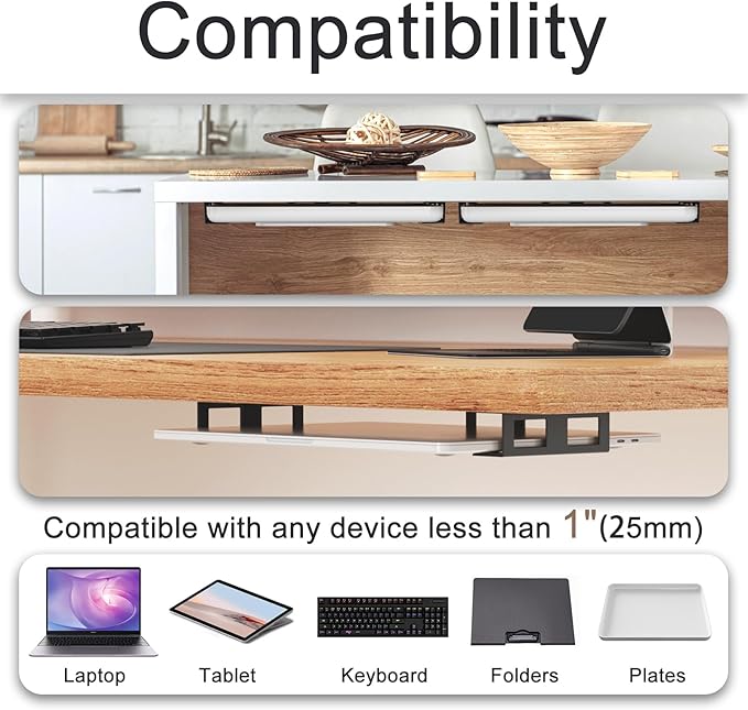 Joythink Universal Under Desk Metal Mount Laptop Holder Tray with Anti-Scratch Under Table Hidden Docking Station Holder Silicone Under Desk Mount for Laptop Keyboard Tablet Kitchen 3 PCS