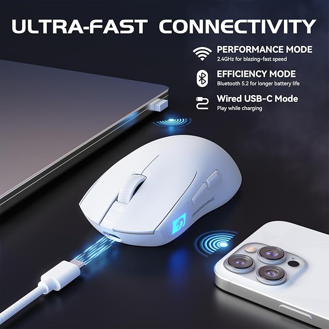 MAMBASNAKE M4 Ultra-Light Wireless Gaming Mouse 52g, 24000 DPI PAW3311 Optical Sensor,2.4G/BT/Wired Ergonomic Computer Mice, RGB Lighting,400mAh Battery, Programmable Mouse for PC/Win/MAC-White