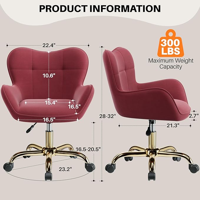 Vanity Chair with Wheels, Cute Home Office Desk Chairs Adjustable Height for Living Bedroom, Small Modern Fluffy Velvet Makeup Chair with Back for Girls (Rose Red)