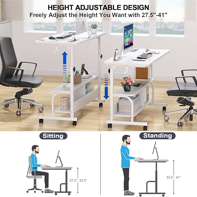 Armocity Rolling Standing Desk with Power Outlets, 47" Manual Height Adjustable Mobile Computer Desk with Wheels, Portable Sit Stand Laptop Couch Table for Bed & Sofa Home Office, Whtie