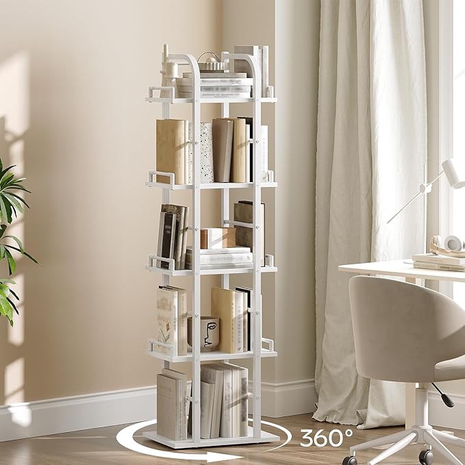 YATINEY 5 Tier Rotating Bookshelf, Freestanding Corner Bookshelf, 360 Spinning Bookcase Tower, Tall Industrial Style Organizer, Storage Shelf Bookcase for Living Room, Study, White SJ02WW