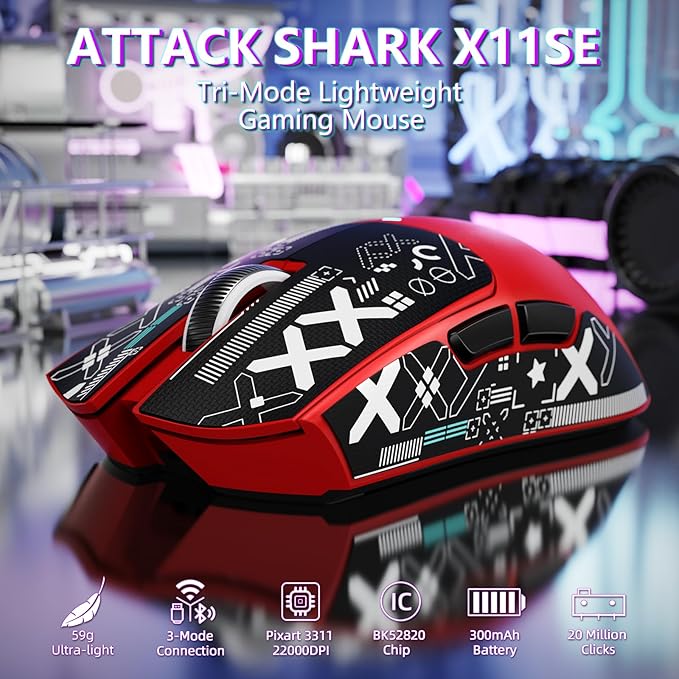 MAMBASNAKE Attack Shark X11SE Lightweight Wireless Gaming Mouse, Tri-Mode 2.4G/USB-C Wired/BT, 22K DPI, PAW3311 Optical Sensor, 59g, 5 Programmable Buttons, 300mAh Battery for PC/Mac(Red-Griptape)