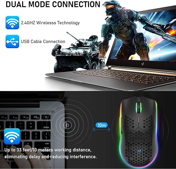 XINMENG Wireless Gaming Mouse Lightweight Honeycomb Design 3200 DPI Rechargeable Gaming Mouse with 16 Rainbow Backlit, USB Receiver,Compatible with PC Gamers and Xbox and PS4 Users