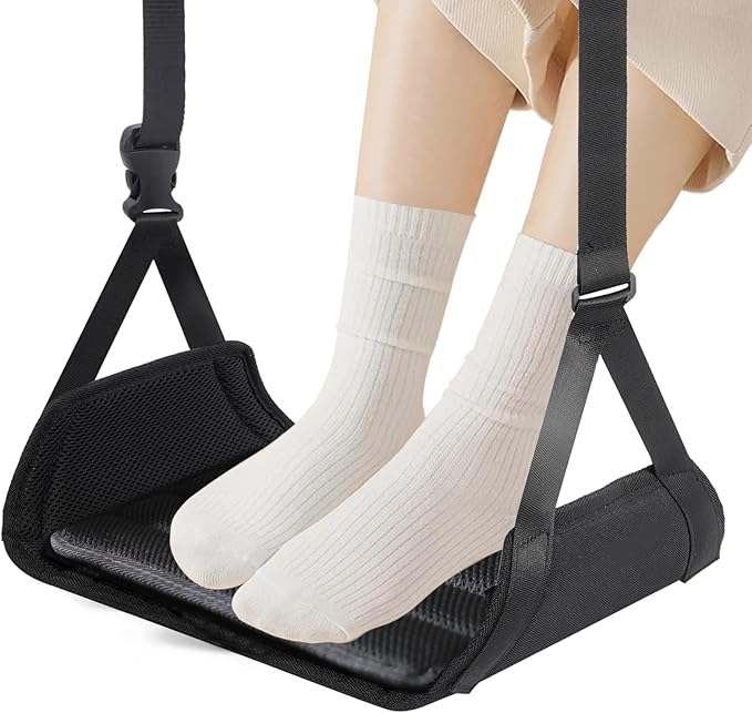 Foot Hammock for Plane Travel, No Collapse Airplane Foot Hammock with Bamboo Panel for Firm Support, Wide Leg Sling for Airplane Travel with Adjustable Straps