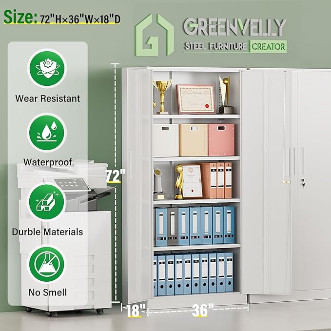 Greenvelly Metal Storage Cabinet with 2 Doors and 4 Adjustable Shelves, 72" White Metal Cabinet with Locking Feature and 2 Keys for Office, Home, Garage, Gym, School
