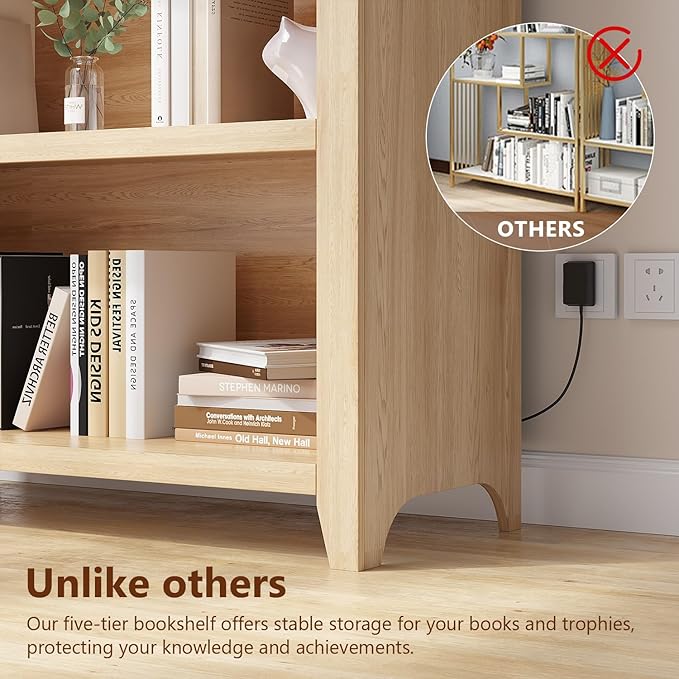 Arch Bookcase - 5 Tiers Bookshelf with 3 Colors LED Sensor Lights and Thickened Wooden Design Display Shelf for Lego Books Bathroom Living Room - Ideal Gift (Wood)