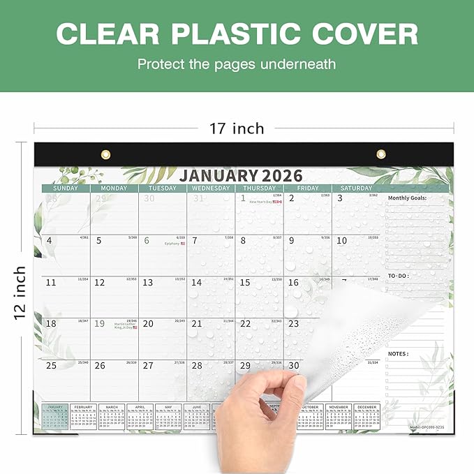 Ospelelf Desk Calendar 2026-2027, Magnetic Fridge Wall Calendar, 18 Month Monthly Large 17" X 12" Calendar Planner with Plastic Cover, January 2026 - June 2027 Green Plant