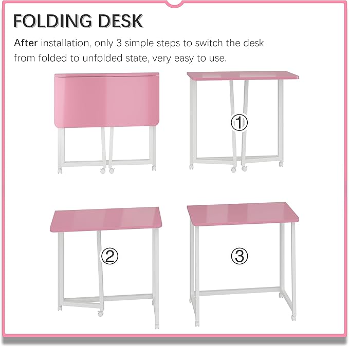 4NM 23.6" Mobile Small Folding Desk, Foldable Rolling Computer Home Office Desk, Study Writing Table for Small Space Saving Bedroom, with Wheels - Pink and White
