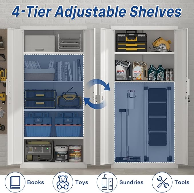 Metal Garage Storage Cabinets with Lock, 72" H White Storage Cabinet with Doors and Adjustable Shelves, Lockable File Cabinet, Steel Tool Cabinets for Home, Office, Garage, Shop, School