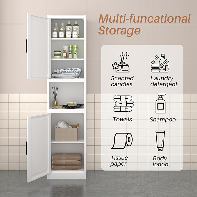 Metal Bathroom Storage Cabinet, 67" H Tall Narrow Bathroom Storage Cabinet, Slim Cabinet for Small Spaces, Bathroom, Pantry