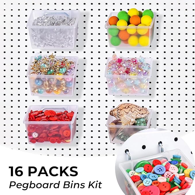 16 Set Clear Peg Board Bins and Baskets Pegboard Organizer Accessories with Hooks Pegboard Containers Wall Sticker Label and Pen for Craft Storage Tool Organizer Garage Storage