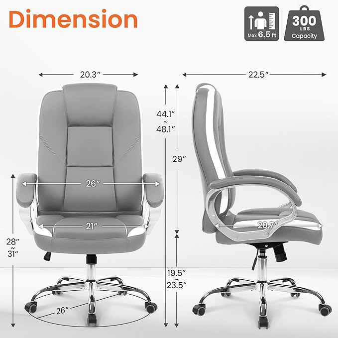 NEO Chair Office Desk Ergonomic Gaming Computer Chair High Back Adjustable PU Leather with Lumbar Support, Swivel Rolling Wheels, Executive Managerial Task Chair (Grey)