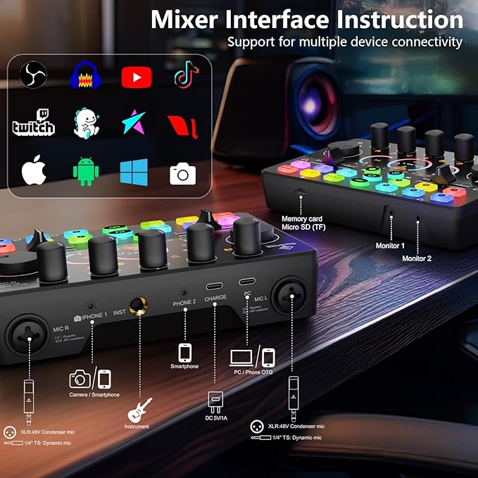 Podcast Equipment Bundle, Dynamic XLR/USB Gaming Microphone & Streaming Audio Mixer with RGB Lights, Perfect for Podcast, Recording, Video Vocal, PC