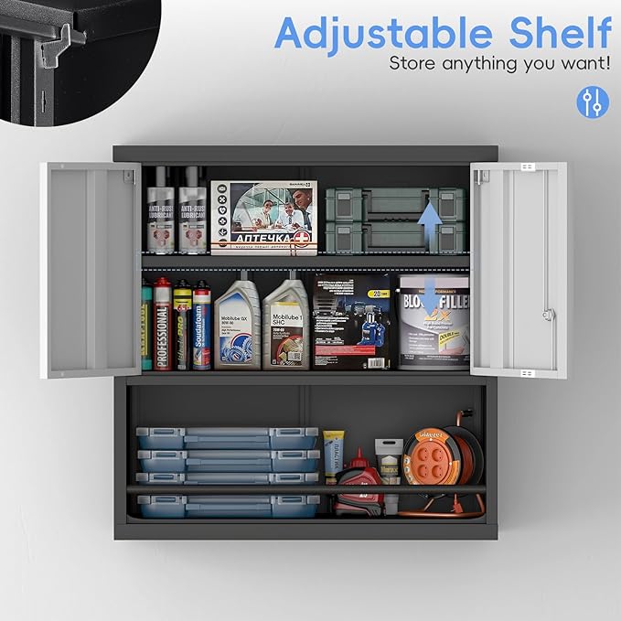 Metal Cabinet Wall Mounted, Garage Storage Cabinet Heavy Duty, Metal Tool Cabinets with Doors and Shelves, Steel Wall Mounted Storage for Basement, Shop