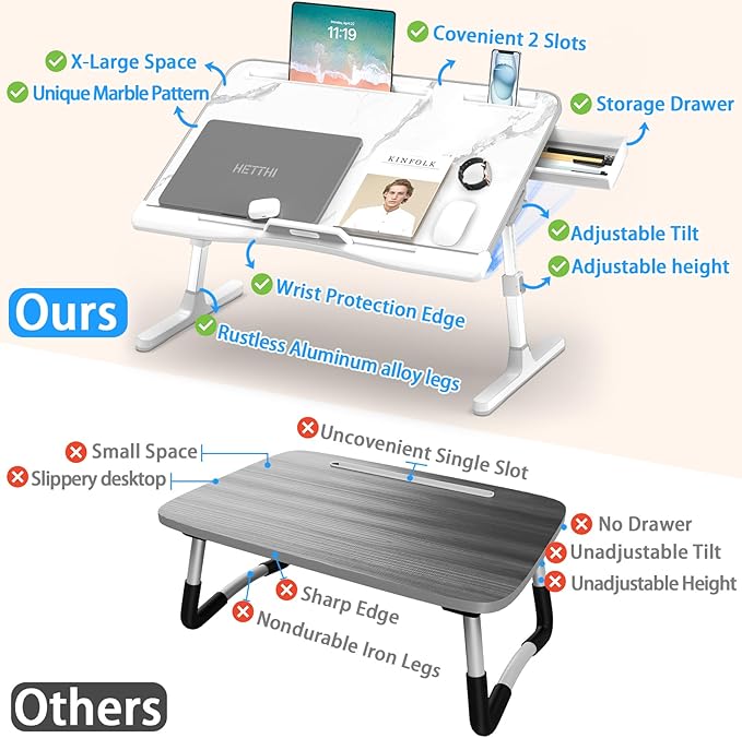 HETTHI Laptop Bed Desk, Adjustable Laptop Lap Desk with Drawer, X-Large Foldable Bed Table Tray for Bed Couch Floor Desk Writing Working Reading Eating Painting (Marble, 23.6"×15.7")