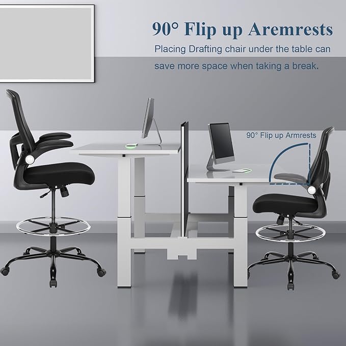 Ergonomic Drafting Chair – Tall Office Chair for Standing Desk, Adjustable Height Mesh Chair with Footrest and Flip-Up Arms, Counter Height, Black