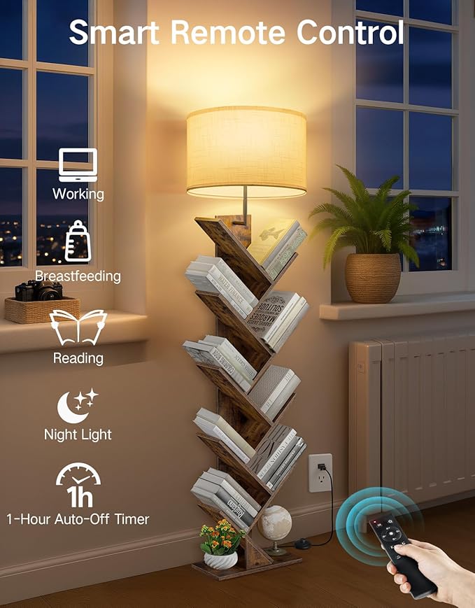 9 Tier Tree Bookshelf with Light, Remote & Timer, Modern Tall Floor Standing Book Shelf, Narrow Wood Bookcase, Small Book Organizer Shelves for Living Room, Bedroom, Office