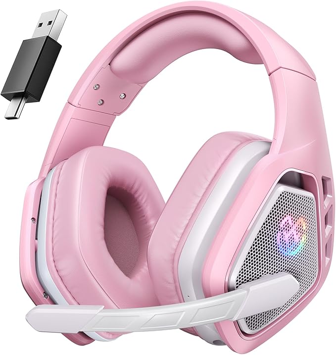 Tatybo Wireless Gaming Headset for PC, Ps5, Ps4, 2.4 Ghz USB & Type-C Gaming Headphones with Microphone, 30H Battery Bluetooth Headphones for Switch, Laptop, Mobile, Mac (Pink)