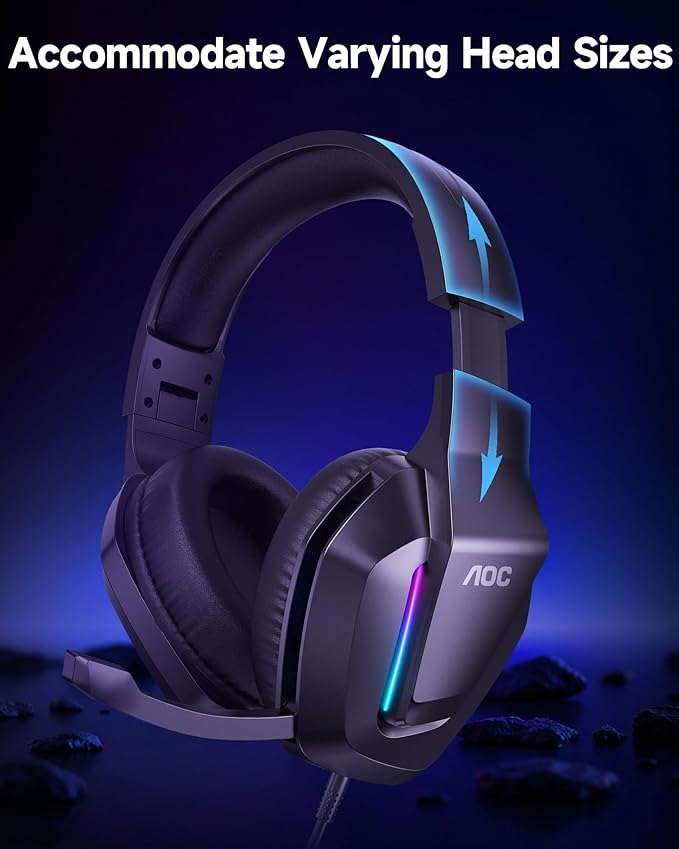 AOC Wired Gaming Headset, Surround Sound Headphones for Xbox Series X|S PS5 PC Switch, Noise Canceling Over-Ear Gaming Mic, RGB Lights, 50mm Drivers, 3.5mm Jack, Black