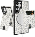 SkyEagle Compatible with Magsafe 2 in 1 Detachable Samsung Galaxy S25 Ultra Wallet Case with Card Holder,Women Men Magnetic PU Leather RFID Blocking Flip Kickstand Credit Slots,Leopard-White