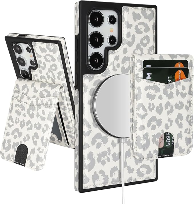 SkyEagle Compatible with Magsafe 2 in 1 Detachable Samsung Galaxy S25 Ultra Wallet Case with Card Holder,Women Men Magnetic PU Leather RFID Blocking Flip Kickstand Credit Slots,Leopard-White