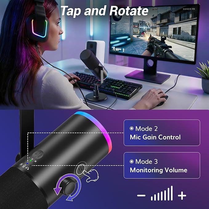 TONOR Dynamic Gaming Microphone, XLR/USB Mic Streaming, AI Noise Cancellation, Controlable RGB, Tap Mute, 3.5mm Headphone Jack, Volume Control, Microfono with Desktop Stand, Black, TD510 AIR S