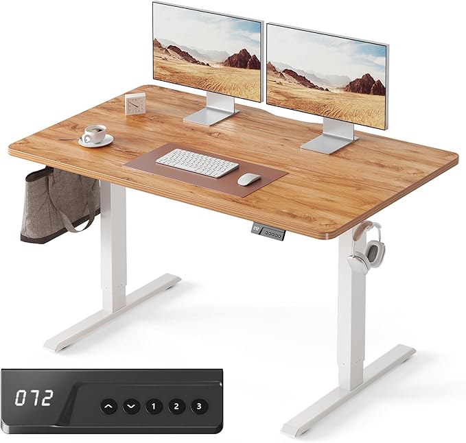 Cubiker Standing Desk, 55x28 Inches Sit Stand Home Office Desk, Electric Stand up Desk, Adjustable Desk with Splice Board, White Frame/Light Rustic Top