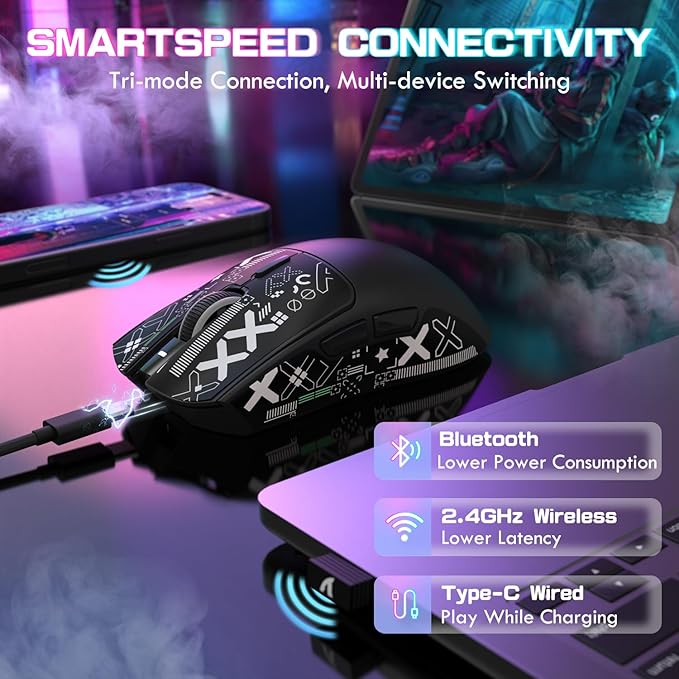 ATTACK SHARK X1 Ultralight Wireless Gaming Mouse with Magnetic RGB Charging Dock,Anti Slip Grip Tape,PixArt PAW3395 Pro Sensor,40000DPI,BT/2.4Ghz/Wired,Optical Micro Switch for PC Mac Gamer(Black)