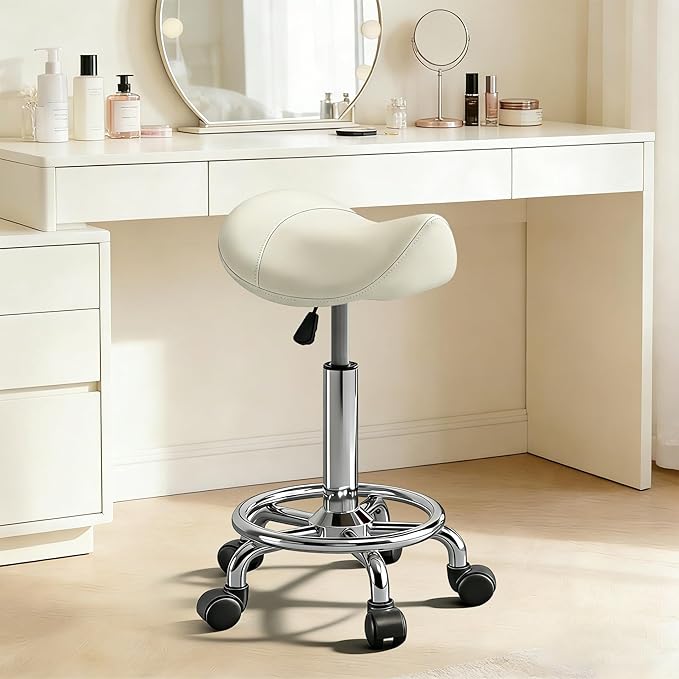 Saddle Stool with Ring Pedal, Adjustable Hydraulic Rolling Chair with Wheels for Medical, Massage, Salon, Spa, Kitchen, and Drafting Use