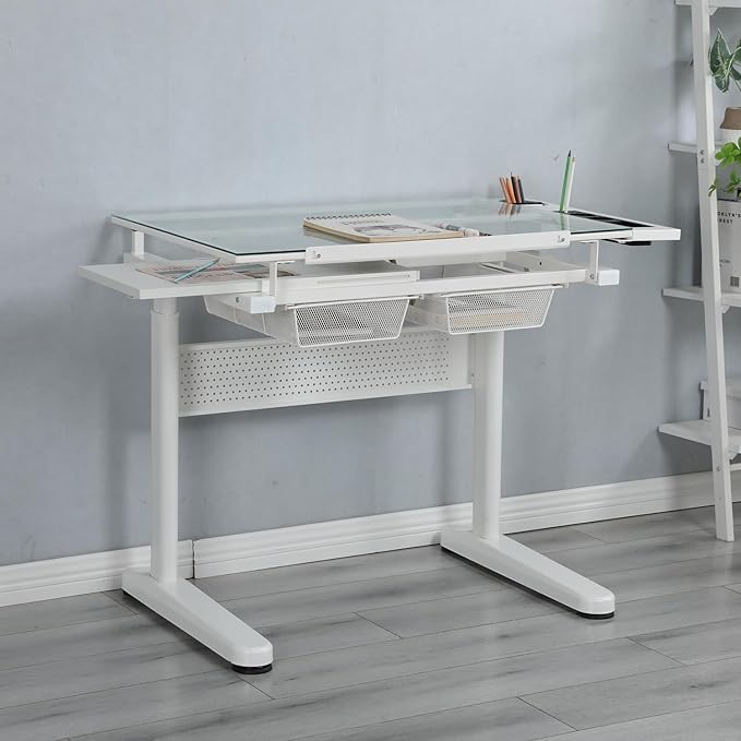 Adjustable Height Drafting Table with Storage Drawers & Stool for Adults, Glass Art Desk with Side Storage Strips, Drawing Table with Tilted Tabletop for Art Office Study (White+Glass B)