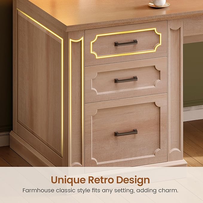 SEDETA Farmhouse 78.7" Executive L Shaped Desk with 6 Drawers, Home Office Desk with Power Outlet, File Cabinet Storage, Wood Corner Computer Desk for Work and Study, Oak