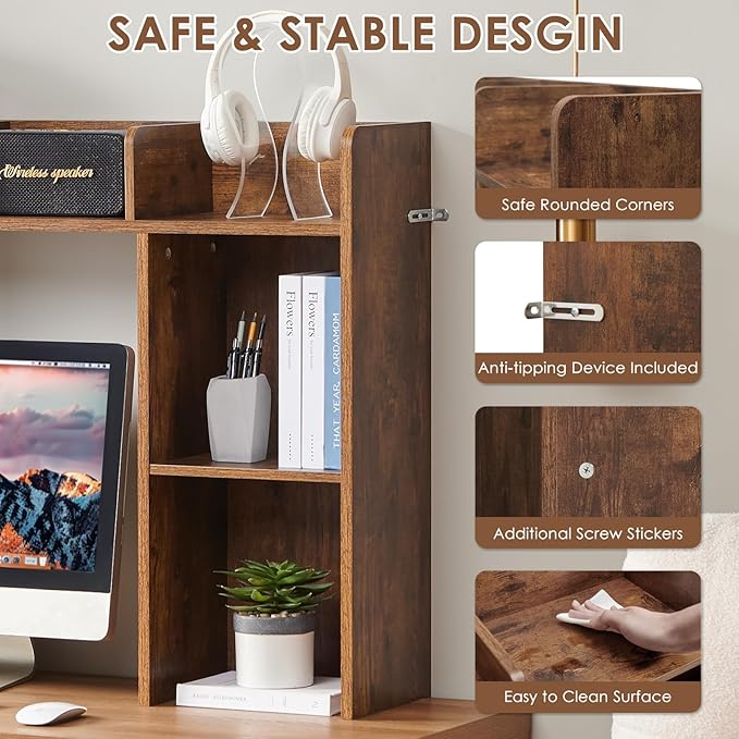 Nromant Desktop Bookshelf, Wooden Desk Storage Hutch with 5 Shelves, 3-Tier Desktop Display Organizer Rack for Office Home (Brown, 5 Shelves A)