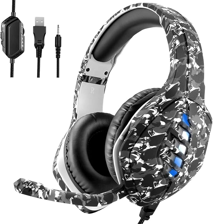 Gaming Headset with Microphone - for PC, PS4, PS5, Switch, Xbox One, Xbox Series X|S - 3.5mm Jack Gamer Headphone with Noise Canceling Mic (Camo Black)