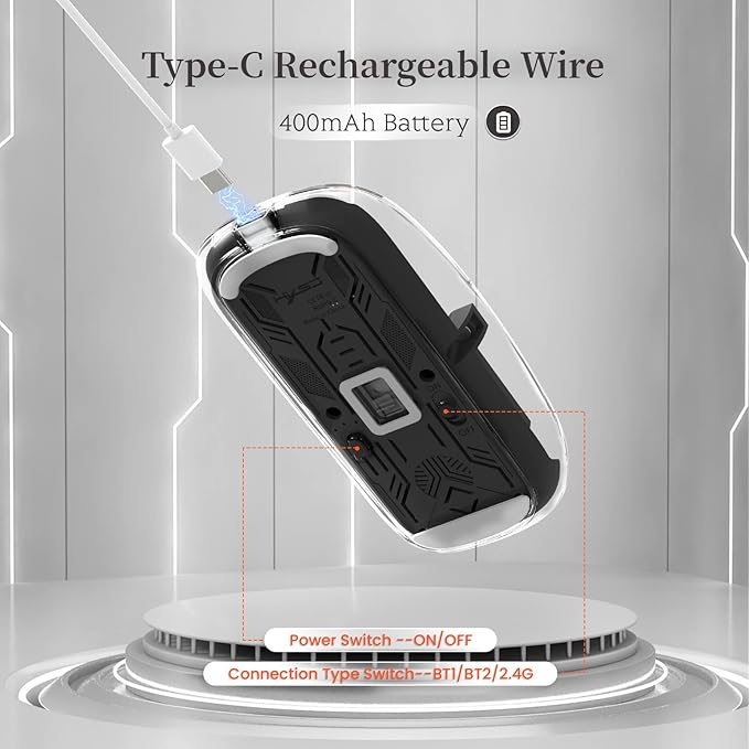 A.JAZZ Wireless Bluetooth5.1&2.4G Mini Lightweight Mouse,Transparent Clear Cool,Rechargeable Silent Computer Mice,Nano USB C Receiver,LED Battery Magic Silm for Office/PC/Mac/Laptop/Apple/ipad(Black)