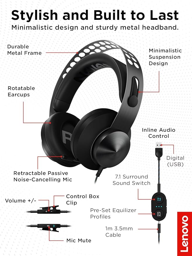 Lenovo Legion H500 PRO 7.1 Surround Sound Gaming Headset, Noise-Cancelling Mic, Memory Foam & PU Leather Earcups, Stainless Steel Headband, PC, PS4, Xbox One, Nintendo Switch, GXD0T69864, Black